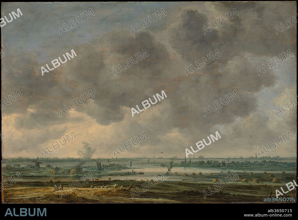 View of Haarlem and the Haarlemmer Meer. Artist: Jan van Goyen (Dutch, Leiden 1596-1656 The Hague). Dimensions: 13 5/8 x 19 7/8 in. (34.6 x 50.5 cm). Date: 1646.
Van Goyen recorded this small but extraordinary panoramic view from the belltower of the church of St. Bavo in Haarlem, but he arbitrarily placed the same building on the horizon like a signpost suggesting the general locale. Beyond the imaginary foregound, the river Spaarne meanders toward the Haarlemmer Meer (Haarlem Lake), an inland body of fresh water that was filled in during the nineteenth century.