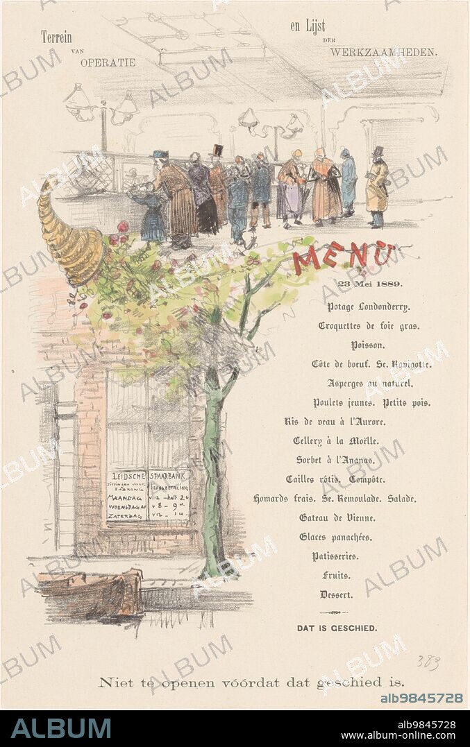 THEO VAN HOYTEMA. Menu card for the Leiden savings bank, 1889 or earlier. People at counters. On the right the word 'Menu' and a list of dishes. At the bottom left a window with the inscription 'Leidsche Spaarbank'.