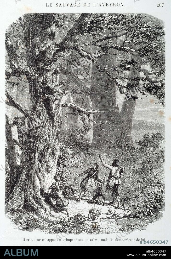 Victor, enfant sauvage de l'Aveyron. 'Il crut s'echapper en grimpant sur un arbre, mais ils s'emparerent de lui'. Victor fut decouvert en 1897 et son cas fut etudie par le docteur Jean ITARD (1774-1838). Illustration de 1863 par Yan' DARGENT (1824-1889) pour Les vrais Robinsons par Ferdinand DENIS (1798-1890) et Victor CHAUVIN (1844-1913). Credit : Collection Jonas/Kharbine-Tapabor.