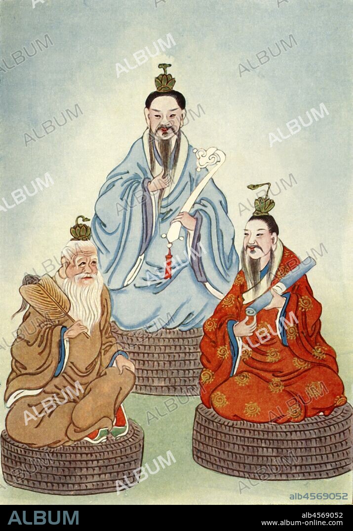 'The Taoist Triad', 1922.  The Taoist Trinity, three highest Gods in the Taoist pantheon, Yuanshi Tianzun, Lingbao Tianzun and Daode Tianzun. From "Myths and Legends of China", by E. T. C. Werner. [George G. Harrap & Co. Ltd., London, Calcutta, Sydney, 1922].