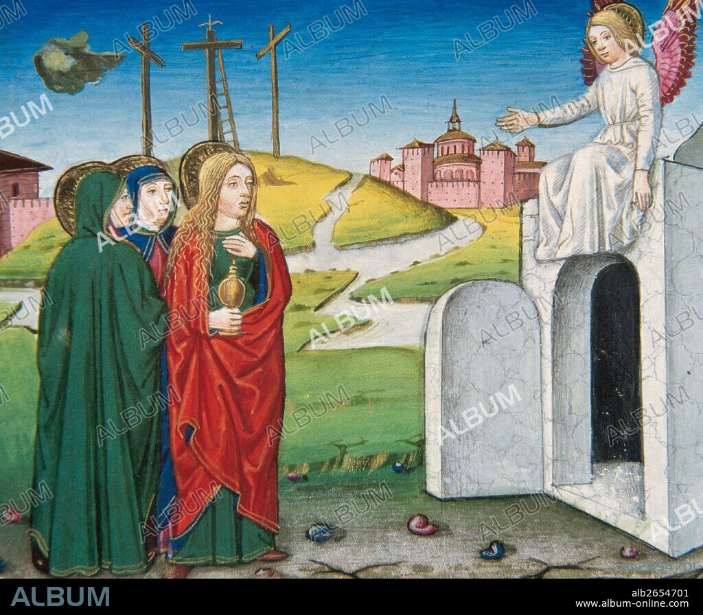 Saint Mary Magdalene, Salome and Mary Jacoby going to the tomb to anoint Jesus' body Codex of Predis (1476). Royal Library. Turin. Italy.