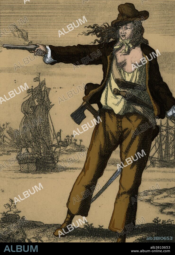 Anne Bonny (1702-1782) was an Irish woman who became a famous female pirate, operating in the Caribbean. She was a red-haired beauty and considered a good catch. She married a poor sailor and small-time pirate named James Bonny and the wound up in the Bahamas where Anne began mingling with pirates in the local taverns. She met John "Calico Jack" Rackham, captain of the pirate sloop Revenge, and became his mistress. In 1720 Rackham and his crew were arrested and brought to trial in Jamaica, where they were sentenced to hang for acts of piracy. Anne Bonny and Mary Read were the women known to have been convicted of piracy during the early 18th century, but they escaped the noose when they revealed they were both pregnant. Read died in prison in April 1721, but there is no record of burial of her baby. Official documents state that Read died of fever associated with childbirth. Bonny disappeared from the historical record, presumed to have lived a long life in Colonial America.