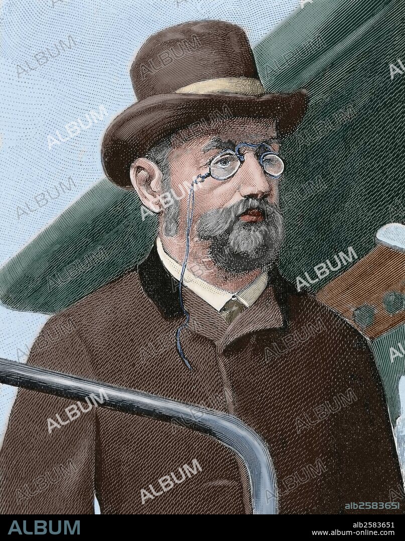 ZOLA, Emile (París, 1840-París, 1902). Novelista francés de estilo naturalista y observador de las actitudes humanas. Atacado por los naturalistas a partir de su artículo "Yo acuso" sobre el caso Dreyfus. Fué condenado y se exilió a Inglaterra (1898). Murió de asfixia en 1902. Detalle de un grabado coloreado en el que se representa a ZOLA VIAJANDO EN EL TENDER DE UN TREN EXPRESS (DE PARIS A NANTES) PARA ESTUDIAR LAS COSTUMBRES DE LOS EMPLEADOS DE FERROCARRILES. "La Ilustración Española y Americana" (1890) .