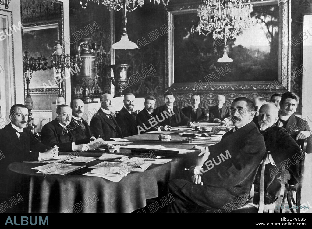 Weimar, Germany:   March, 1919 Newly elected at the first National Assembly of the German Republic in the Royal Theatre in Weimar is Chancelllor Scheideman, 4th from left, and his Cabinet.   © Underwood Archives / The Image Works.