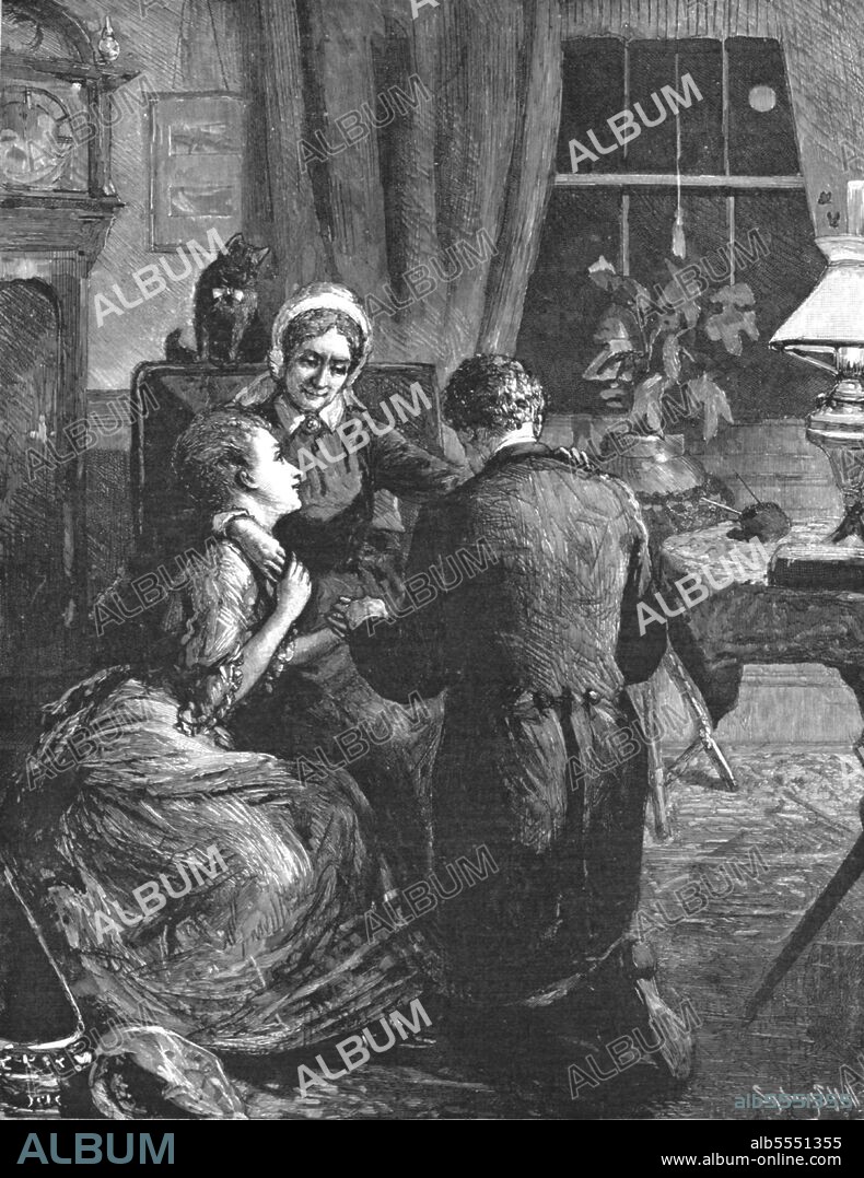 SYDNEY PRIOR HALL. ''That Unfortunate Marriage, by Francis Eleanor Trollope; Suddenly Mrs Dobbs opened her arms , and folding May in one of them, laid the other round Owen's shoulder as he knelt before her, and drew them both into her embrace', 1888. From, 'The Graphic. An Illustrated Weekly Newspaper Volume 38. July to December, 1888'.