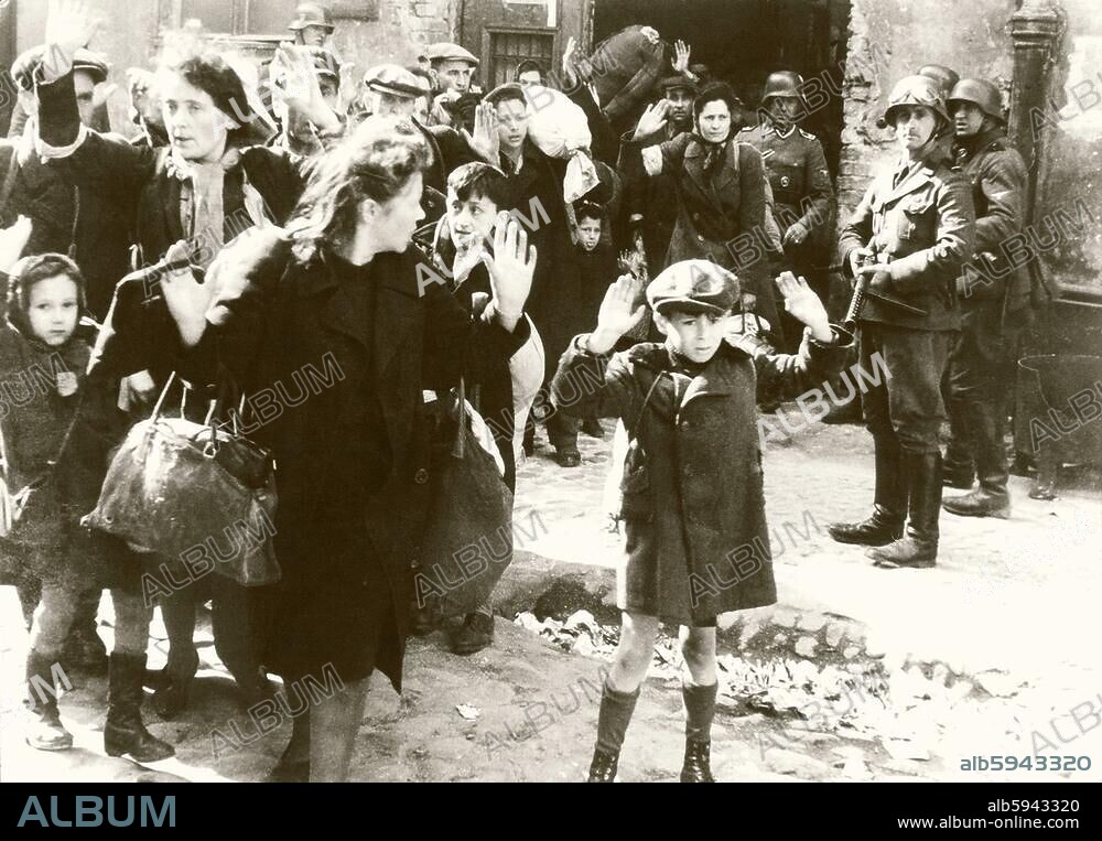 WWII / Warsaw Ghetto (Set up in 1940 by the German occupation forces to facilitate the segregation and deportation of Jews; destroyed in 1943 after the uprising.)-Deportation of Jews from the Warsaw Ghetto.-Photo, 1943.