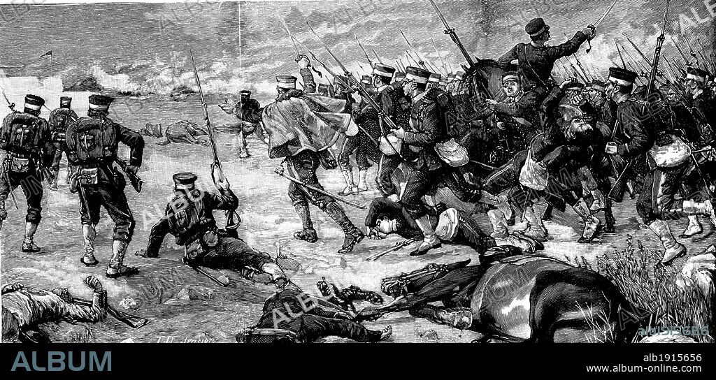 Primera guerra chino-japonesa. Asalto de los japoneses a la bayoneta en la batalla de Ping-yang. Grabado de 1895.