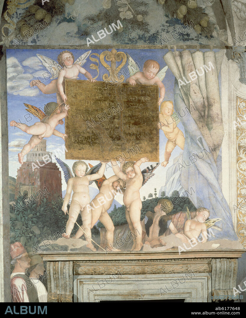 ANDREA MANTEGNA (1431-1506). CAMARA DE LOS ESPOSOS- AMORCILLOS CON PLACA- 1467-74- PINTURA MURAL- RESTAURADO.
