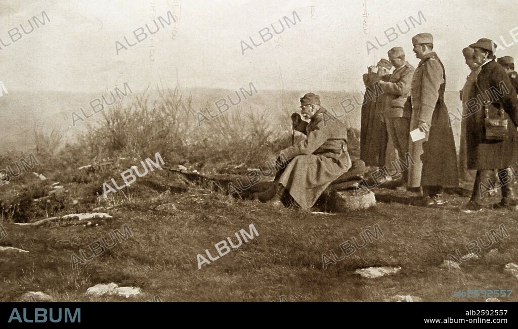 Peter I (29 June 1844 – 16 August 1921), was the last King of Serbia. Shown reviewing troop positions in world war one.