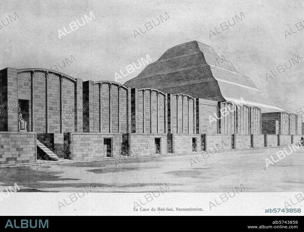 Sakkara (Ägypten), Stufenpyramide des Djoser, um 2600 v. Chr. Hebsed-Hof, Rekonstruktion. Illustration aus: Jean-Philippe Lauer, Fouilles à Sakkarah (Planche LVII) / La Pyramide à Degrés (Service des Antiquités de l'Egypte / Institut Français d'Archéologie Orientale / Le Caire 1936).