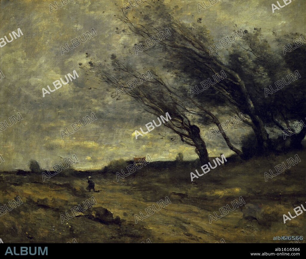 A Gust of Wind   (Le Coup de Vent)   c. 1865-1870   Jean Baptiste Camille Corot (1796-1875/French)   Musee Saint-Denis, Rheims.