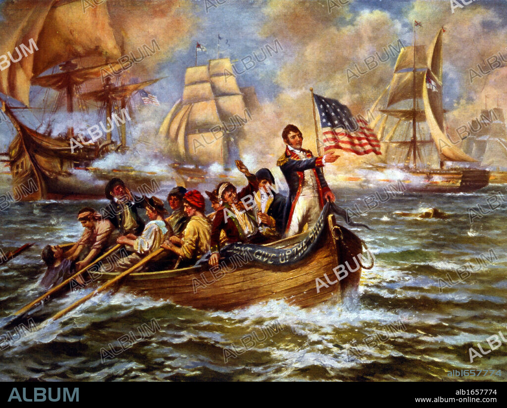 War of 1812: Battle of Lake Erie (Put-in-Bay), Ohio, 10 September 1813. Oliver Hazard Perry in bow of small rowing boat after abandoning his flagship 'Lawrence' transferring to 'Niagara'. Decisive American victory over Britain. Naval. C1911.