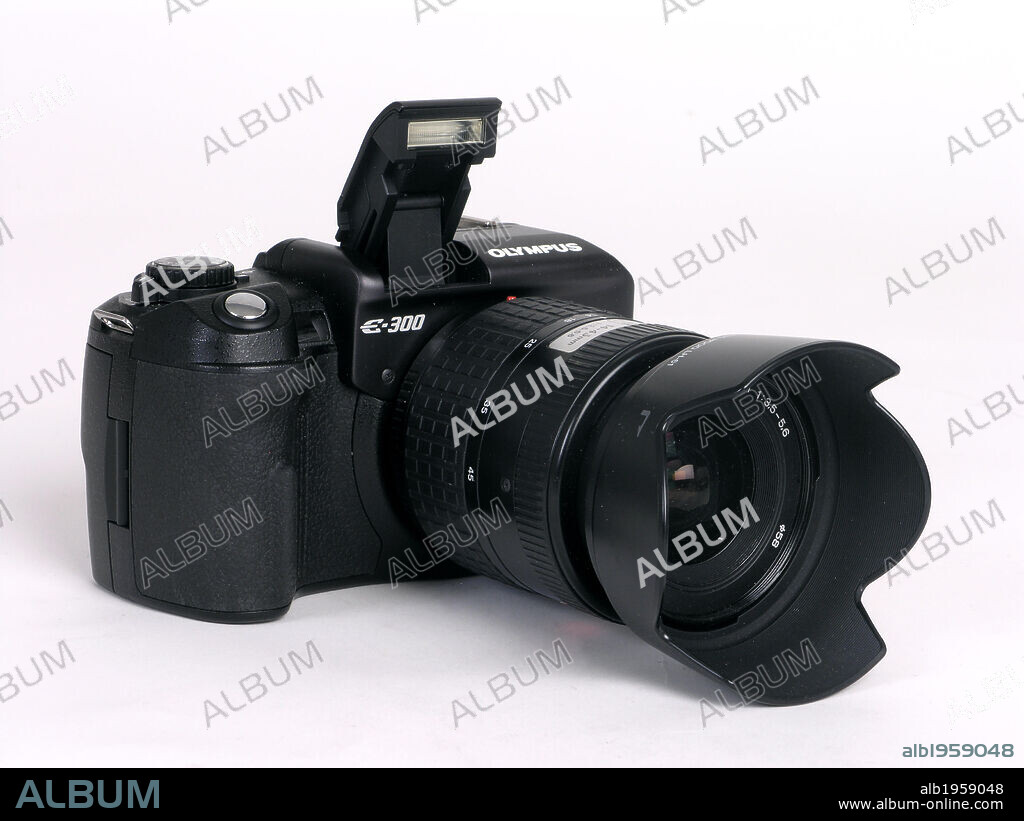 CAMARA REFLEX DIGITAL, con flash abierto y parasol en el objetivo.