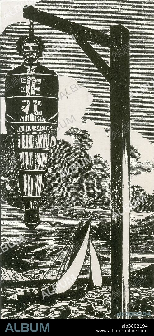 The body of William "Captain" Kidd left to rot in dockside gibbets in 18th century London. A gibbet is any instrument of public execution (including guillotine, executioner's block, impalement stake, hanging gallows, or related scaffold), but gibbeting refers to the use of a gallows-type structure from which the dead or dying bodies of executed criminals were hung on public display to deter other existing or potential criminals. In earlier times, up to the late 17th century, live gibbeting also took place, in which the condemned was placed alive in a metal cage and left to die of thirst. Kidd's body was gibbeted over the River Thames as a warning to future would-be pirates for three years. The belief that he had left a buried treasure contributed considerably to the growth of his legend.
