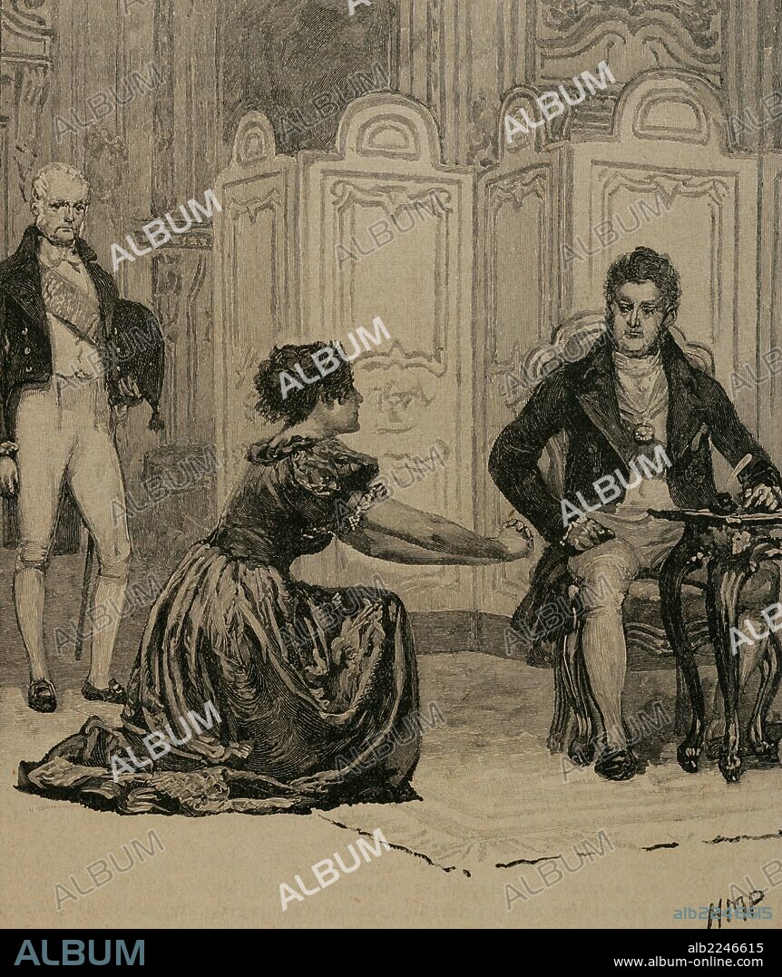 Antoine Marie Chamans, comte de Lavalette (1769 -1830). French politician and general. Madame de Lavalette, asking for clemency for her husband. Engraving.