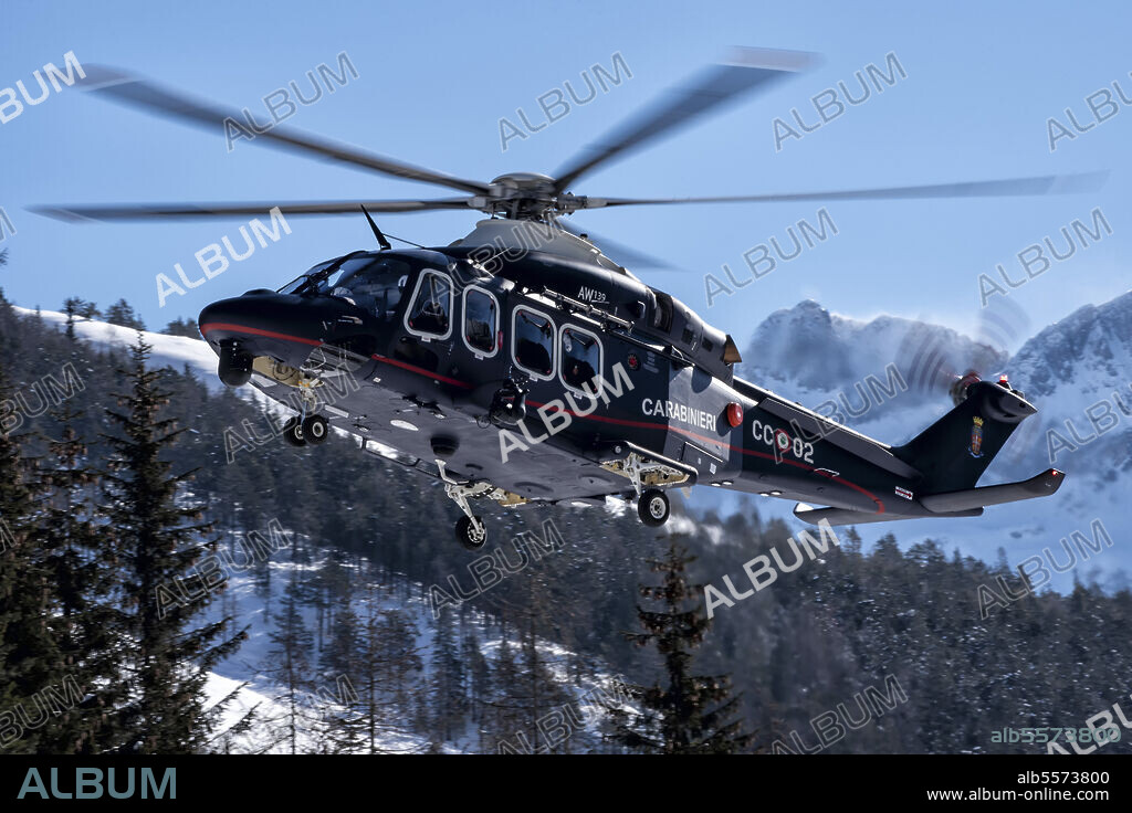 Italian Arma dei Carabinieri new Agusta Westland AW-139 helicopter in service during the Cortina 2021 FIS Alpine World Ski Championships in Italy.