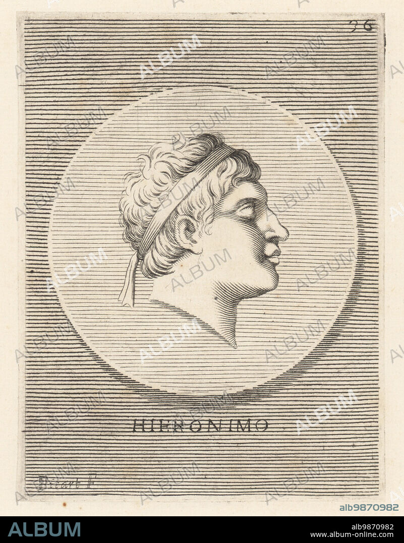 Hieronymus, tyrant of Syracuse, 231214 BC. He succeeded his grandfather, Hiero II, in 215 BC when only 15 years old. Assassinated by Deinomenes after 13 months. From a bronze coin with head of young man wearing a royal diadem. Hieronimo. Copperplate engraving by Etienne Picart after Giovanni Angelo Canini from Iconografia, cioe disegni d'imagini de famosissimi monarchi, regi, filososi, poeti ed oratori dell' Antichita, Drawings of images of famous monarchs, kings, philosophers, poets and orators of Antiquity, Ignatio deLazari, Rome, 1699.