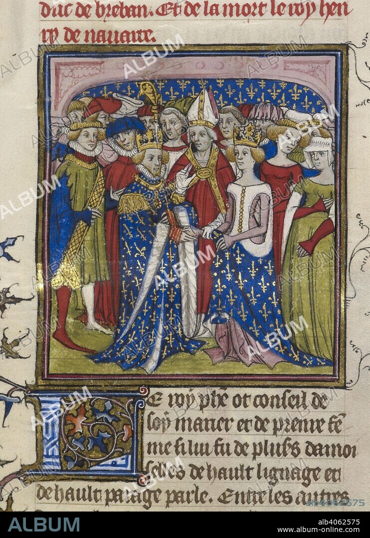 Marriage of King Philip III of France to Mary of Brabant. Chroniques de France ou de St. Denis. End of 14th century. (Miniature) Marriage of King Philip III of France to Mary of Brabant in 1274. Image taken from Chroniques de France ou de St. Denis. Originally published/produced in End of 14th century. Source: Royal 20 C. VII, f.10. Language: French.