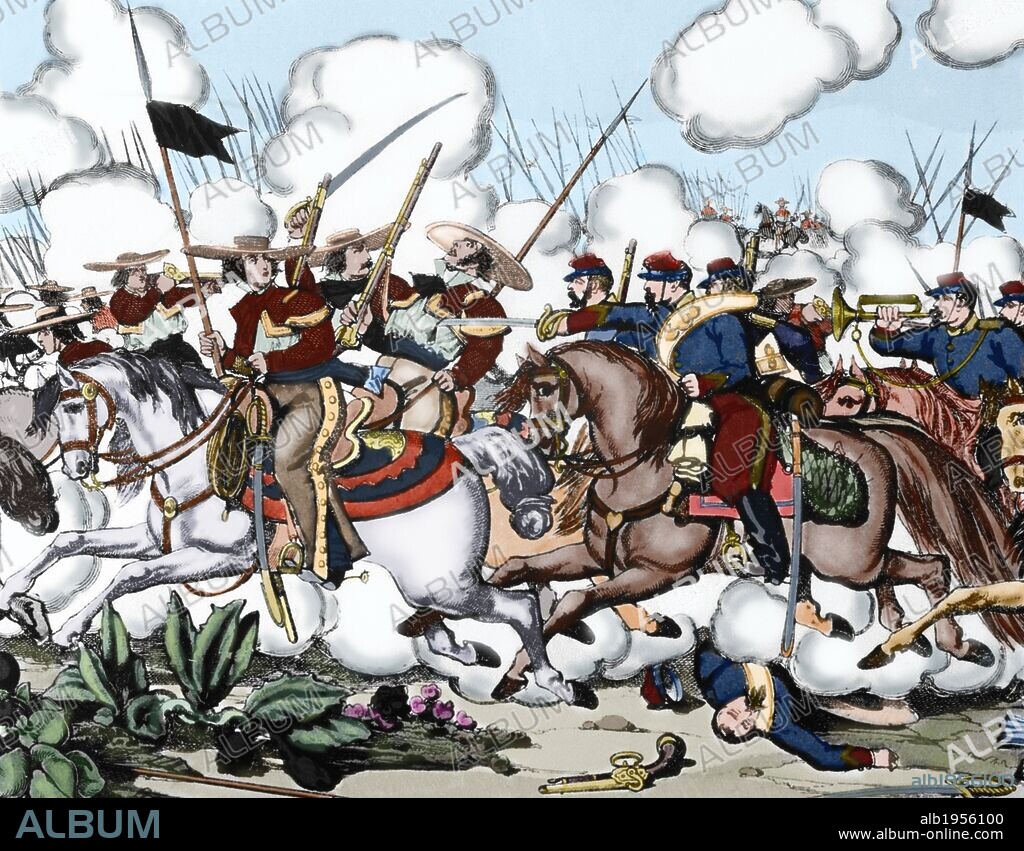 French Intervention in Mexico. Siege of Jonuta (February 21, 1863). French troops led by Eduardo Gonzalez Arevalo invading the territory of Tabasco. Colored engraving.