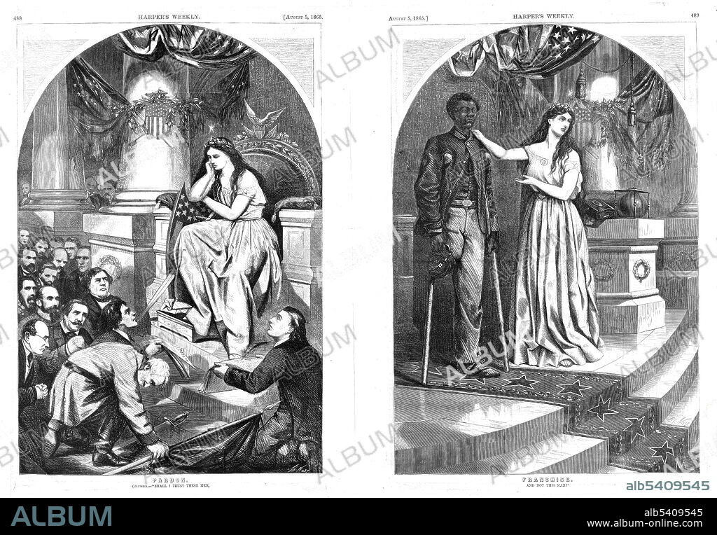 "Pardon/Franchise: Shall I trust these men, and not this man?" This centerfold print shows Columbia considering why she should pardon Confederate troops who are begging for forgiveness (at left) when a Black Union soldier with an amputated leg does not have the right to vote (at right). Thomas Nast, (1840-1902), Harper's, 1865.