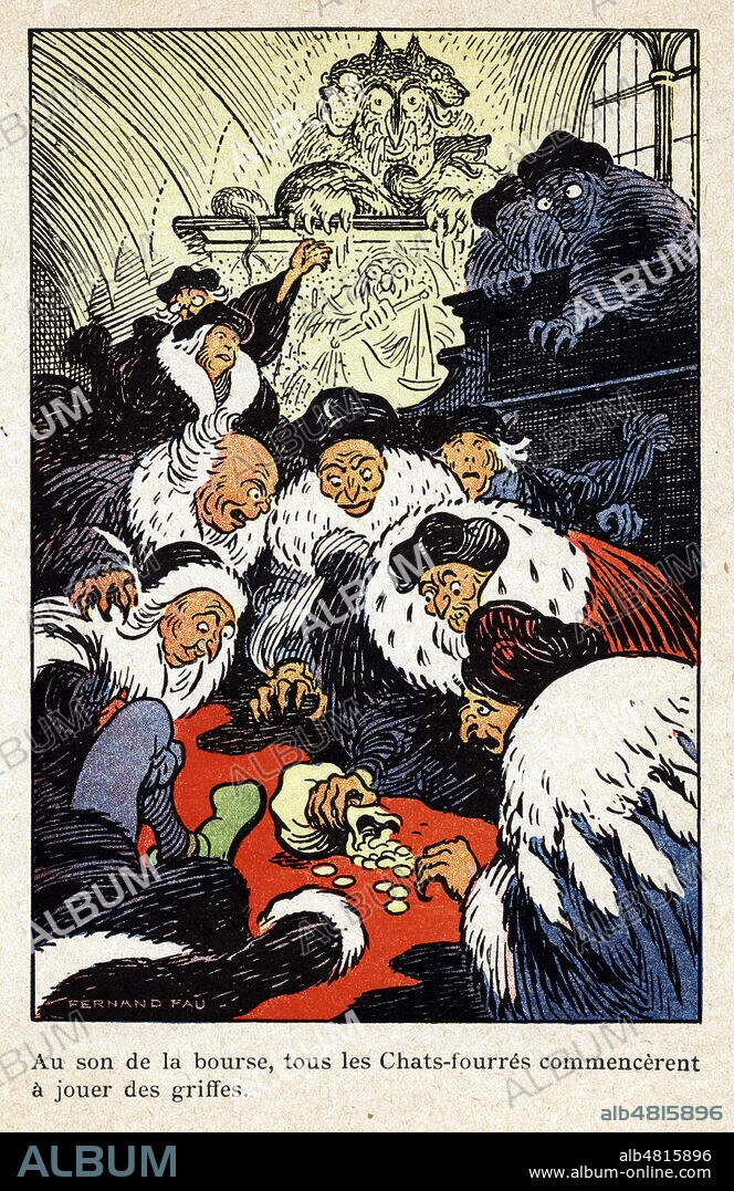 Au son de la bourse lancee par Panurge, tous les Chats-fourres commencerent a jouer des griffes. Illustration de 1910 par Fernand FAU (1858-1919) pour Pantagruel de RABELAIS (1483-1553). Credit: Collection Grob/KHARBINE-TAPABOR.