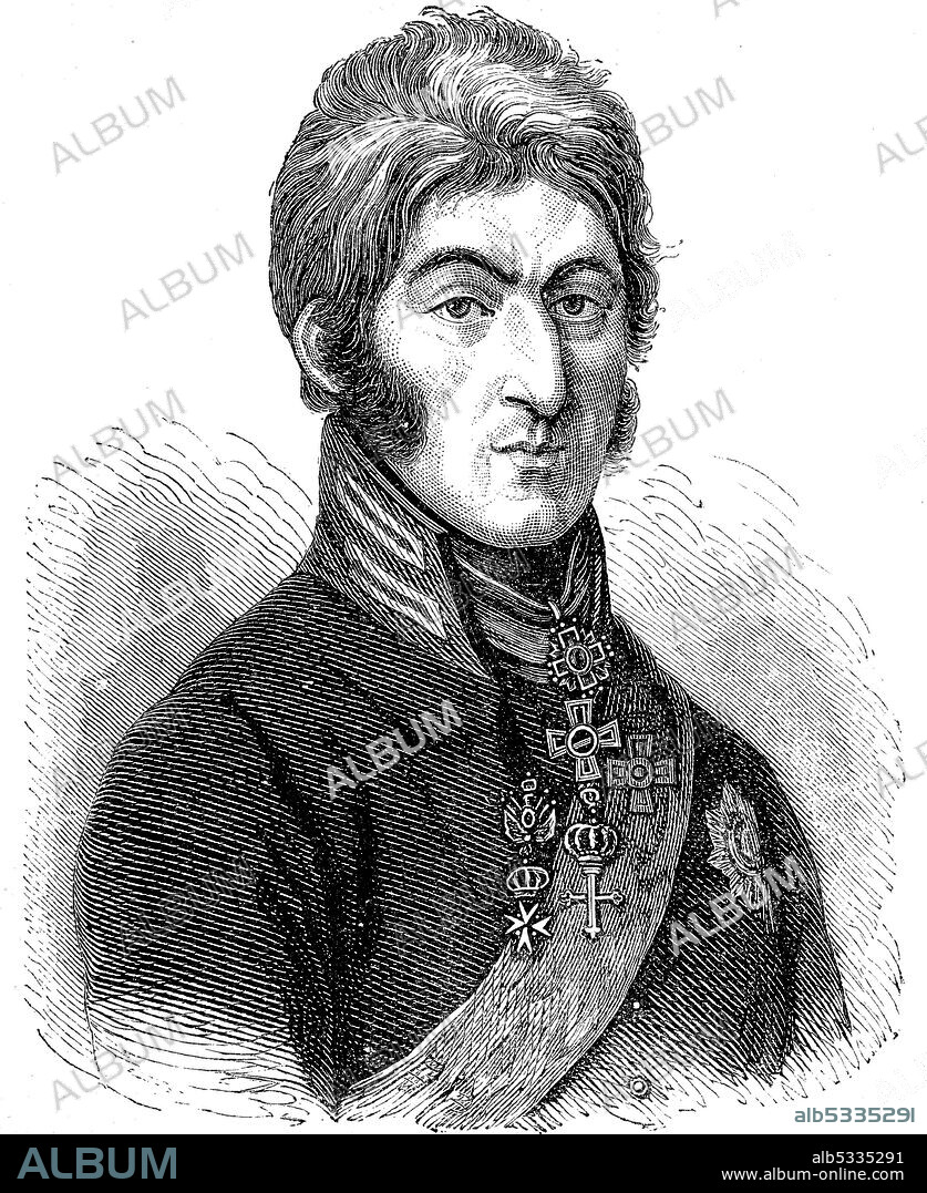 Pyotr Bagration, 10 July 1765 - 24 September 1812, was a Russian general and prince of Georgian origin, prominent during the Napoleonic Wars  /  Pjotr Iwanowitsch Bagration, Petre Iwanes dse Bagrationi, 1765 - 24. September 1812, Fürst aus der königlichen Dynastie der georgischen Bagratiden, Historisch, historical, digital improved reproduction of an original from the 19th century / digitale Reproduktion einer Originalvorlage aus dem 19. Jahrhundert,.