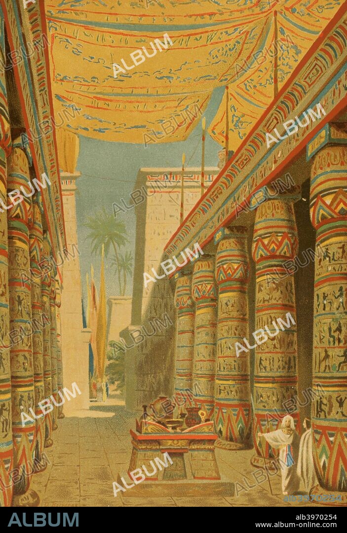 Historia Antigua. Civilización Egipcia. Interior del palacio real perteneciente a un faraón egipcio. Dibujo por Dionisio Baixeras (1862-1943). Cromolitografía. La Civilización, Tomo I, 1881. Biblioteca Histórico Militar de Barcelona, Cataluña, España.