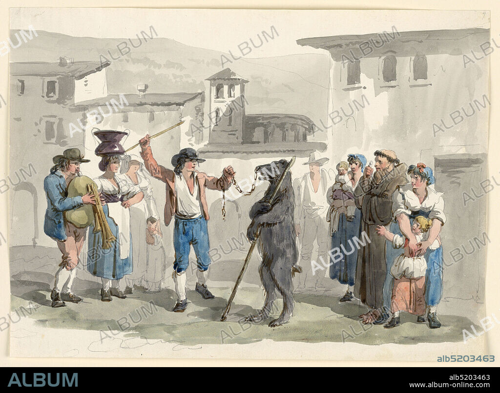 The Dancing Bear, Bartolomeo Pinelli, Roman, 1781 - 1835, Pen and gray ink with watercolor and black chalk on off-white wove paper, The bear and its leader are variations of the motif plate 7, loc. cit.; the bear holds a pole. A piper, two women and a child are at left, the woman with the terrified girl, the Capuchin, both similar to loc. cit., a woman with a baby is at right, a boy in the rear. The setting is a street of a place near Rome., Italy, 180708, Drawing, Drawing.