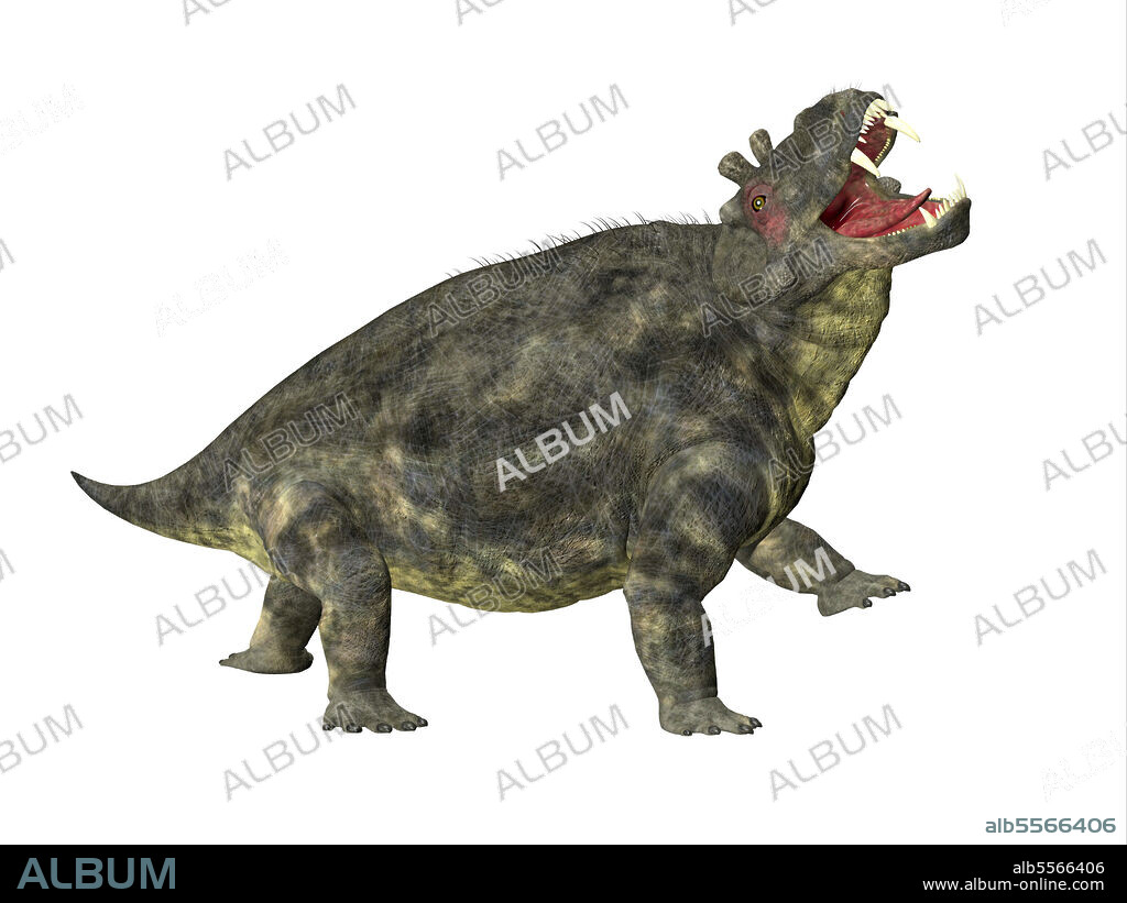 Estemmenosuchus dinosaur, side profile. Estemmenosuchus uralensis was an omnivorous therapsid dinosaur that lived in the Permian Period of Russia.