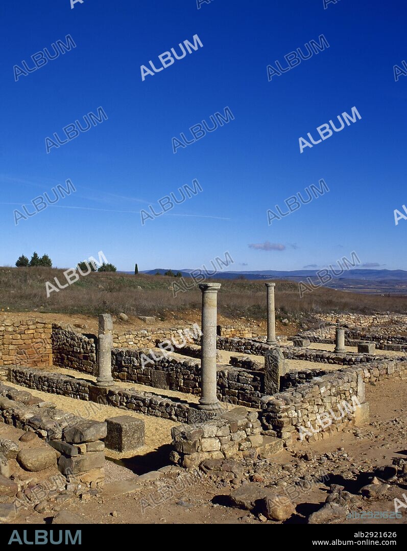 Spain. Numantia. Ancient Celtiberian town conquested by the Romans in 133 BC, during the Celtiberian Wars. It was abandoned in the 4th century AD. Panoramic of the ruins of houses with arcaded courtyards. Garray, province of Soria, Castile and Leon.