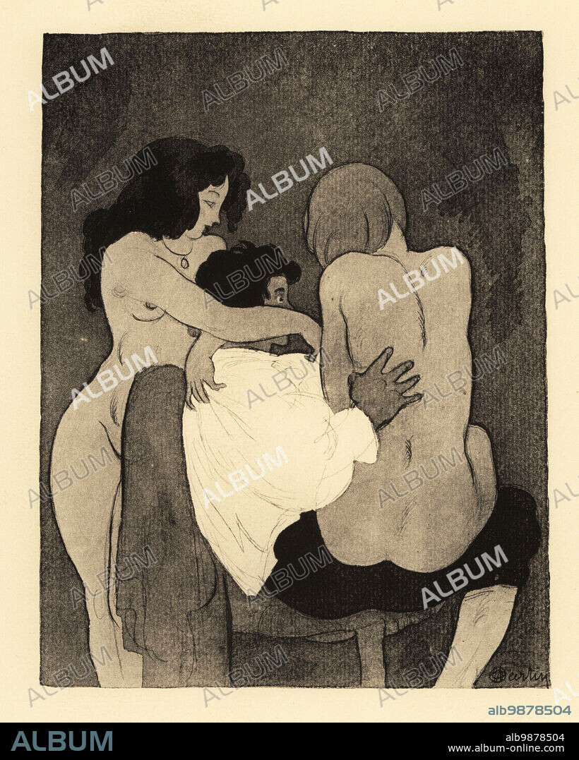 Two nuns naked with a man in their convent cell. Sister Claudia and Sister Theresa with the porter. The picture. Le tableau. Lithograph after an illustration by Charles Martin from Jean de la Fontaines Contes et Nouvelles en Vers, Tales and Novellas in Verse, Libraire de France, Paris, 1930.