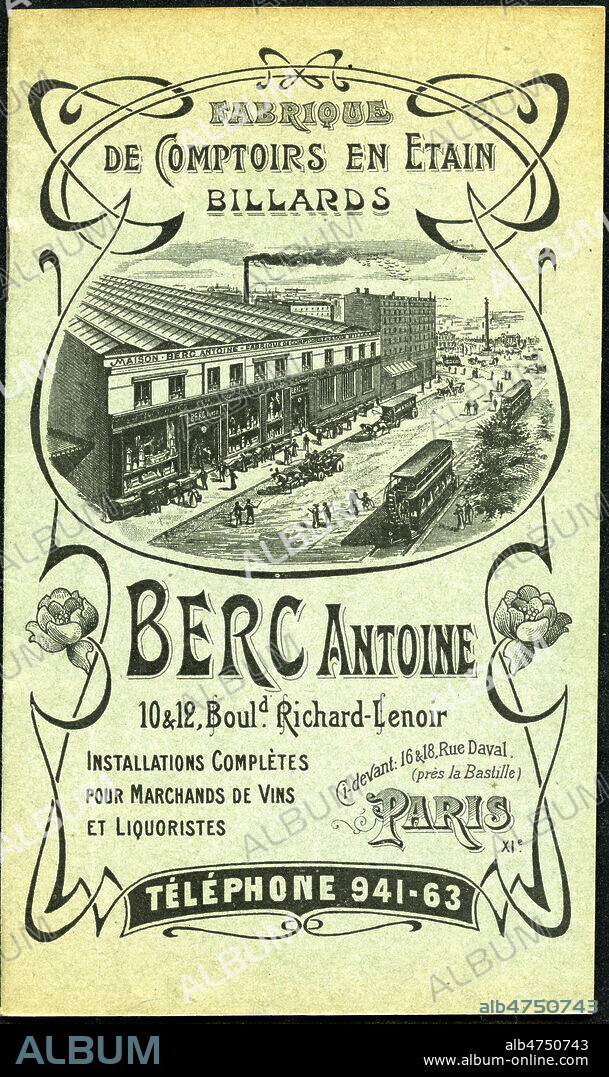Brochure publicitaire pour les comptoirs et billards du fabricant Antoine Berc, fournisseur d'equipements pour cafes et brasseries. vers 1900. Illustration anonyme. Credit : Collection IM/KHARBINE-TAPABOR.
