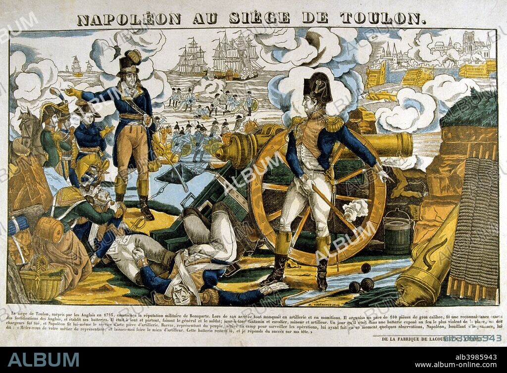'Napoleon at the Siege of Toulon', 1793, (19th century). The major port of Toulon was anti-revolutionary and on 28 August 1793, the city turned itself over to the Bourbons and a British, Spanish and pro-Bourbon military force. Paris reacted quickly and laid siege to the city on 7 September, with several attempts to recapture it failing through poor leadership by generals Jean Carteaux and Francois Doppet. Their poor performances led to a young Chef de Bataillon Napoleon Bonaparte (1769-1821) scheming with political allies to replace them with General Jacques Dugommier. The new commander then agreed to plans put forward by Bonaparte to storm a key fort that would allow French artillery to bombard the British fleet anchored in the harbour. The attack occurred on 17 December, in which Bonaparte was wounded by a bayonet in the leg, and less than a day later the British fleet, under Admiral Lord Hood, sailed away. On the 19th, revolutionary troops reoccupied Toulon earning Bonaparte promotion to general of brigade.