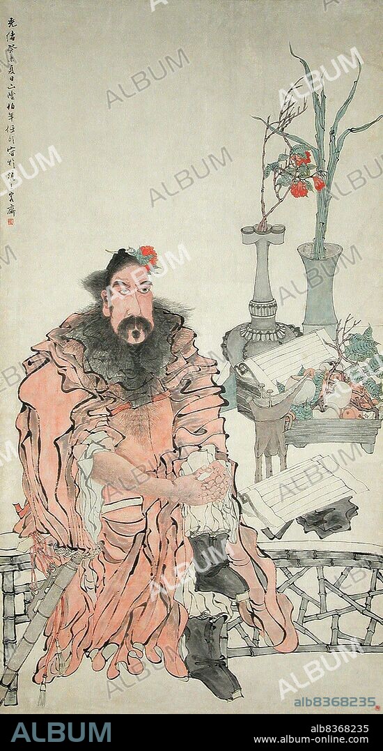 China: The Chinese deity 'Zhong Kui', vanquisher of ghosts and other evils. Hanging scroll painting by Ren Yi (1840-1896), 1883.<br/><br/>. Ren Yi (1840-1896), also known as Ren Bonian, was a Chinese painter born in Zhejiang during the Qing Dynasty era. He moved to Shanghai in 1855 after the death of his father, which exposed him to Western thinking within a more urban environment. He became a member of the Shanghai School, fusing popular and traditional styles. He is sometimes referred to as one of the 'Four Rens'.
