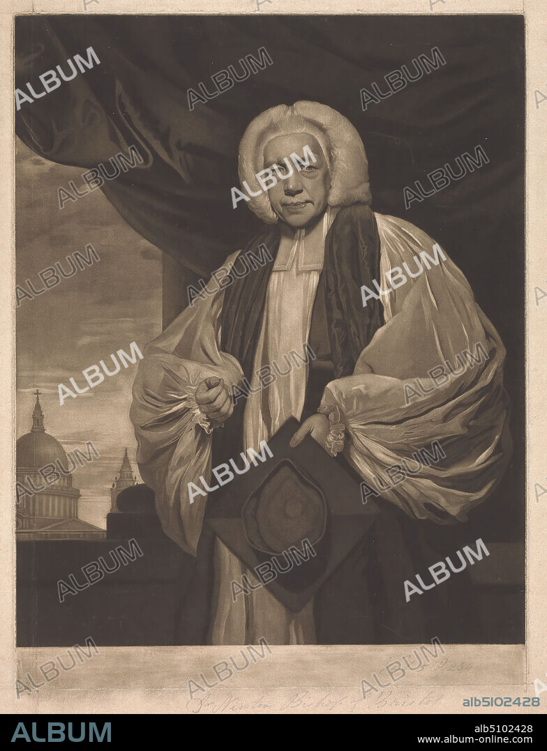 The Right Reverent Thomas Newton, D.D., James Watson, 17401790, British, after Sir Joshua Reynolds RA, 17231792, British, 1776, Mezzotint on moderately thick, moderately textured, beige, laid paper, Sheet: 18 5/16 × 14 1/16 inches (46.5 × 35.7 cm) and Image: 16 × 12 15/16 inches (40.6 × 32.9 cm), curtain, dome, man, mortarboard, portrait, religious and mythological subject, tippet, wig, window.