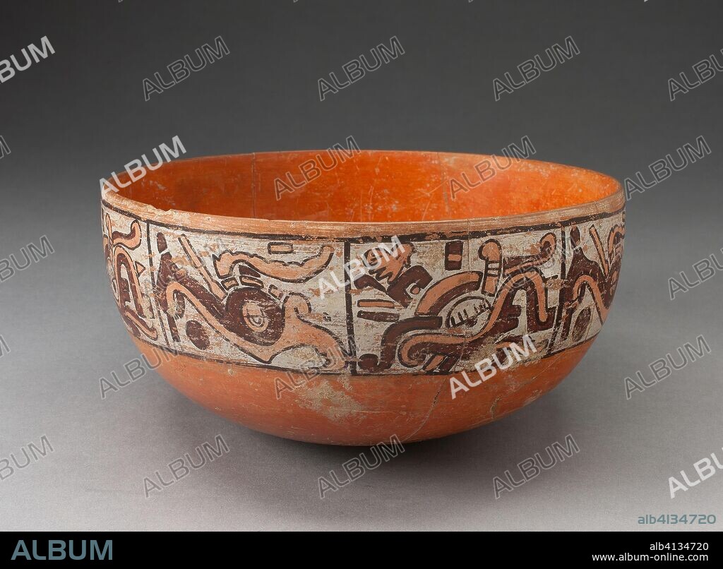 Polychrome Bowl Depicting Eight Abstract Motifs on Exterior. Probably Cholula, Mixteca-Puebla style; Puebla, central Mexican highlands, Mexico. Date: 1200-1521. Dimensions: 9.2 x 19.7 cm (3 5/8 x 7 3/4 in.). Ceramic and pigment. Origin: Puebla state.
