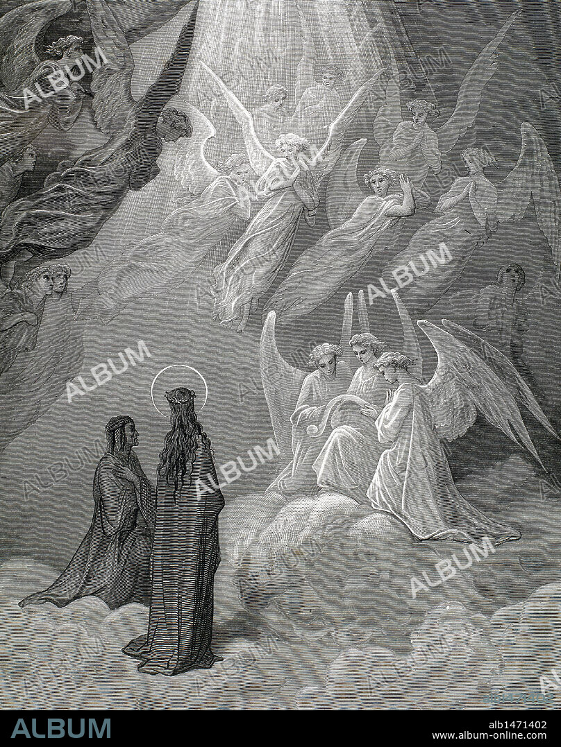 "LA DIVINA COMEDIA". Poema escrito en toscano donde se relata el viaje de su autor, DANTE ALIGHIERI, para llegar a la CONTEMPLACION DIVINA. "RELUCIENDO MAS AQUELLAS VIVAS LUMBRERAS, RENOVARON SUS CANTIGAS" (Paraíso, c. XX). Grabado de Gustave DORE.