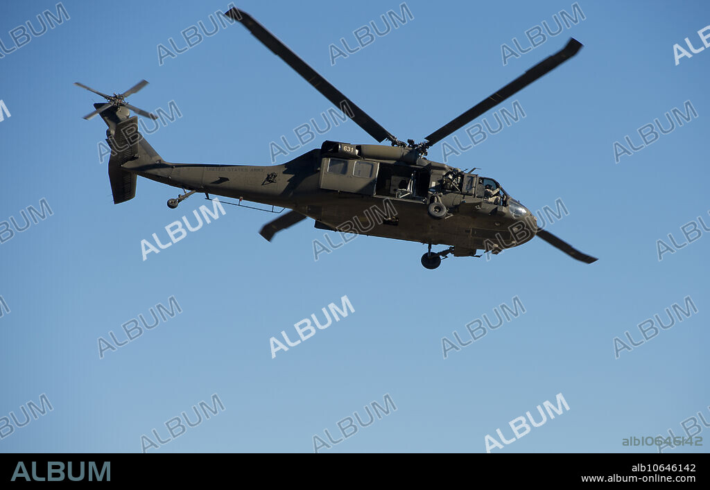 Sikorsky UH-60 Black Hawk Helicopter in flight at Gowen Thunder Airshow on October 14 2017.