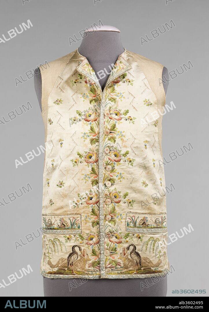 Waistcoat. Culture: French. Date: 1780-1800.
Waistcoats and vests of the 18th and 19th centuries served as a layer protection and ornamentation during a period in fashion when the coat was intended to be left open in the front.  The color was often chosen to complement the suit and covered in imaginative embroideries, heavily woven patterns or shiny satins made to draw the eye.  The style of the neck, the length and the hem treatment fluctuated as the tastes changed from over-sized coats of the early 18th century to narrow tightly fitted coats of the late 18th century and onward.
The embroidery motifs on this vest depict Aesop's (620-560 BC) tale of "The Wolf and the Crane."  The fable, which was re-introduced in the 17th century by Jean de La Fontaine (1621-1695), contains a wolf that needs assistance removing a bone from his throat with a crane kind enough to assist.  The beautiful embroidery is very playful and indicative of the status of the waistcoat as decoration.