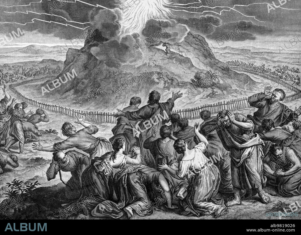 Legislation at Mount Sinai, Second Book of Moses, Chapter 19, Verses 1-25, Old Testament, Bible, lightning, thunder, tempest, dark sky, smoke, quake, rising, Aaron, many people, fence, children of Israel, Egypt, desert, Moses, God, holy people, enclosure, historical illustration 1890