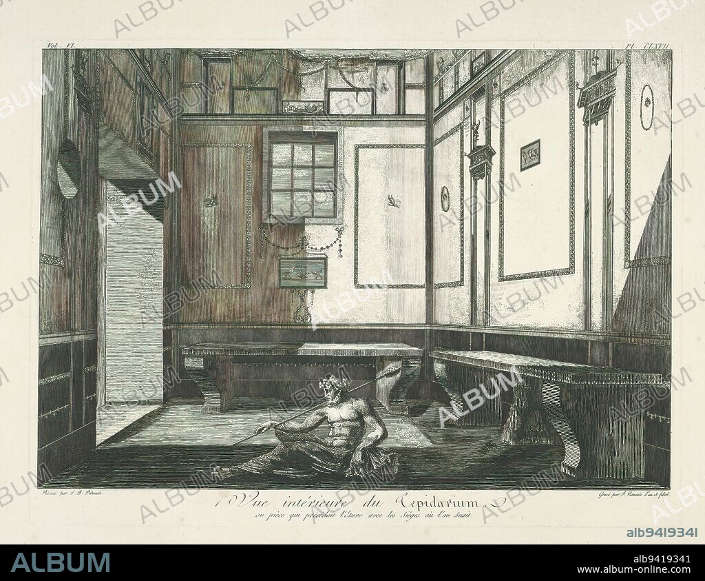 Trepidarium in Pompeii, Antiquités de la Grande Grèce (series title), View in a trepidarium, a warm central room in a thermal bath, in Pompeii. Caption in Italian in lower margin. Numbered top left: Vol. VI., top right: Pl. CLXVII., print maker: Francesco Piranesi, (mentioned on object), after drawing by: Giovanni Battista Piranesi, (mentioned on object), Italy, 1805, paper, etching, height 430 mm × width 575 mm.
