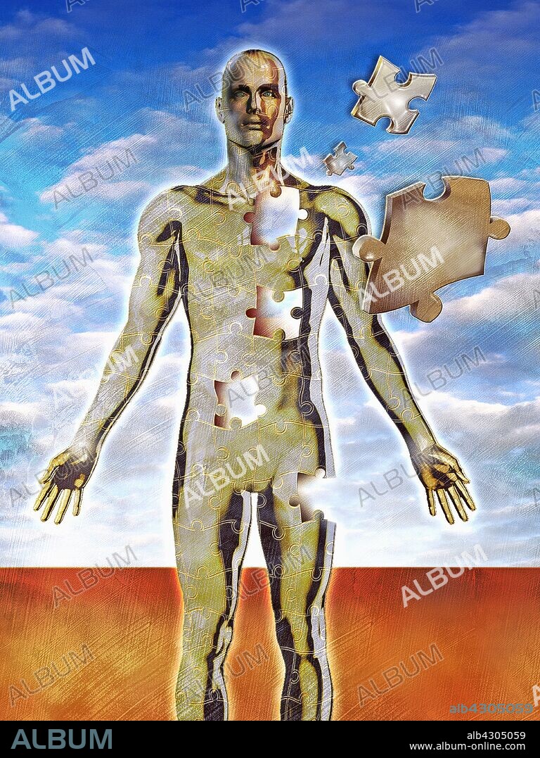 Jigsaw puzzle of male human body with missing pieces.