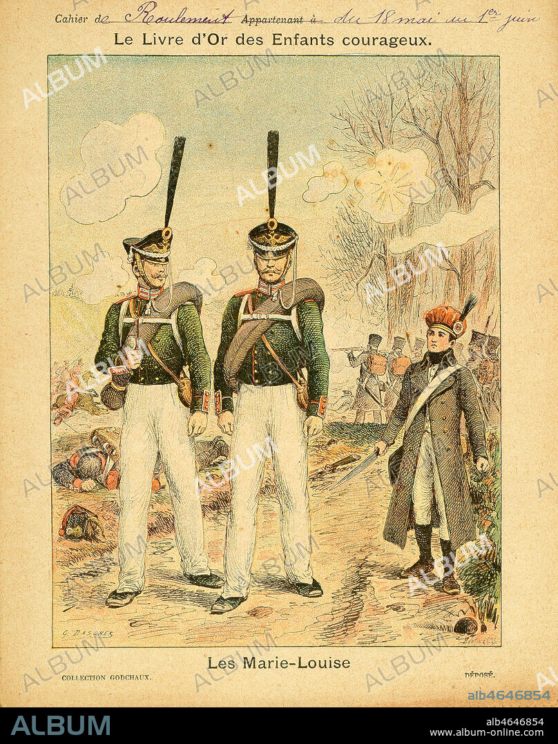 'Le livre d'or des enfants courageux - Les Marie-Louise'. En 1814, les soldats incorpores a la hate amusent les vieux soldats. Leur habillement consiste en une redingote grise et un petit bonnet qui ressemble a un bonnet de femme. On les appelle les Marie-Louise. Serie de protege-cahiers par G. Dascher vers 1900. Credit : Collection Kharbine-Tapabor.