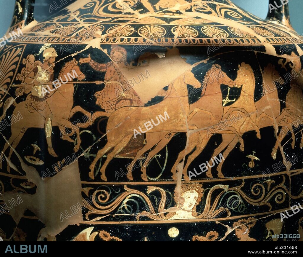 Alexander the Great (356-323 b.C) with lance charging Persian King Darius in his chariot from amphora.