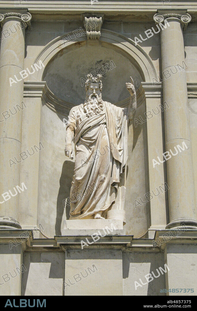 Varese, Lombardy, Italy, Europe. Sacro Monte di Varese (Sacred Mount of Varese), UNESCO World Heritage site. The fountain of Moses (Fontana del Mosè), built between 1803 and 1817 on a project by the architect Francesco Maria Argenti. The statue of Moses was made by Gaetano Matteo Monti in 1831, the only one of the nine planned.