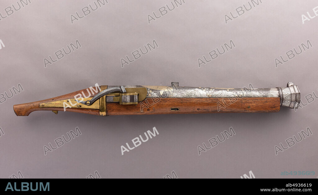 Inscribed by Kazuki Nobumichi, Hand Cannon, Japanese, late 18thearly 19th century, Japanese, Iron, gold, silver, wood, brass, L. 37 in. (94 cm); Wt. 44 lb. 2 oz. (20.02 kg), Firearms-Hand Cannon.
