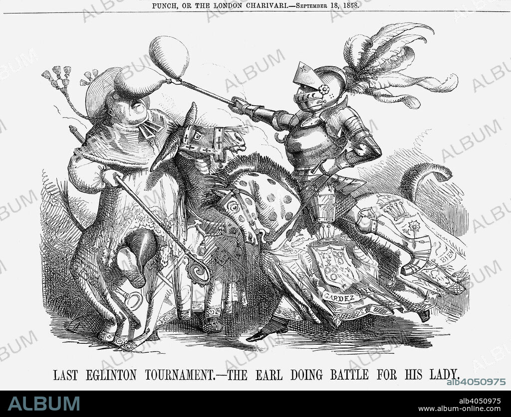'Last Eglinton Tournament. - The Earl doing Battle for his Lady', 1858. Lord Eglinton, Lord Lieutenant of Ireland, is the knight in shining armour, and delivers a snub to a Cardinal of the Catholic Church. The Cardinal is seated on a rather small and worried-looking ass and is readily identifiable by the 'cross keys' symbol, as well as by his dress. The story goes that Lord Eglinton had heard that the Cardinal, attending a dinner, had proposed a toast to the sovereign. This turned out not to be Queen Victoria, but the Pope. When the Mayor of Dublin later proposed a banquet, not only did Eglinton not attend, but many of his friends stayed at home also to avoid dining with the Cardinal. Eglinton is shown in heraldic armour because, in 1839, he had staged a medieval tournament which, although it drew some 100,000 visitors, was subjected to both bad weather and inevitable derision. From Punch, or the London Charivari, September 18, 1858.