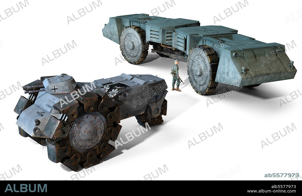 This illustrations shows two German prototypes of mine clearer vehicles: the Minenraumer and the Raumer S.