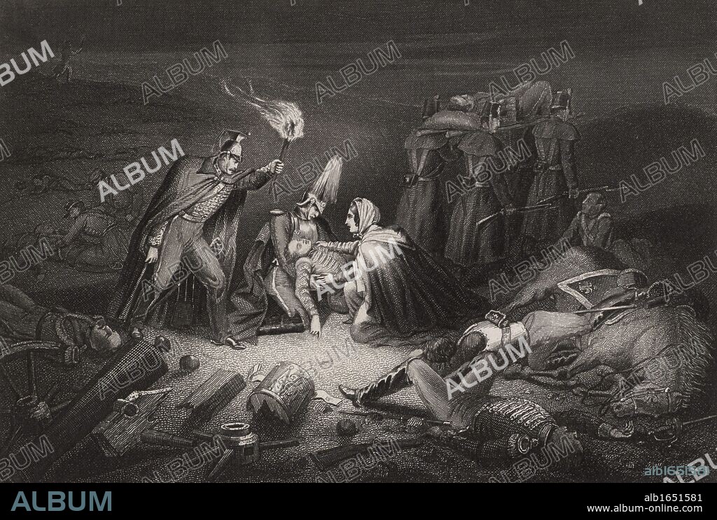 Crimean (Russo-Turkish) War (1853-1856):  Battlefield on the night after Alma, 20 September 1854, tending the wounded and recovering the bodies of the dead.  Engraving. (Photo by: Universal History Archive/UIG via Getty Images).