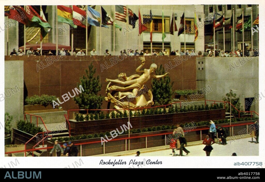 Rockefeller Plaza Center, New Your City, New York, USA, 1956. Vintage postcard showing the plaza of the Rockefeller Center, with the colourful flags of the United Nations and Paul Manship's statue of Prometheus bearing his gift of fire to mankind. The Art Deco Rockefeller Center complex is made up of several buildings, fourteen of them built between 1931 and 1939. American industrialist John D Rockefeller (1839-1937) financed the project.